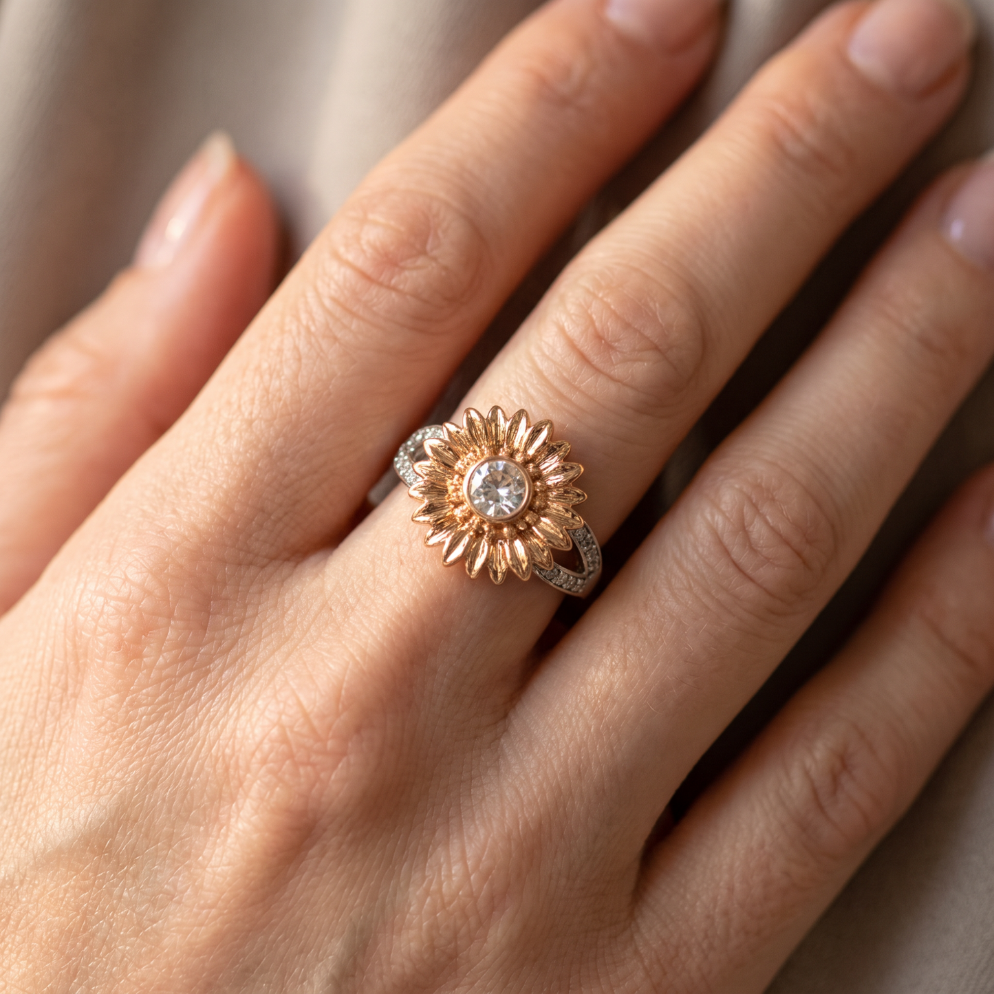 Mixed Metals Sunflower Statement Ring | Silver & Rose Gold | Size 7