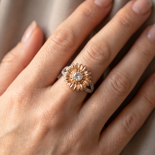 Mixed Metals Sunflower Statement Ring | Silver & Rose Gold | Size 7-Paper & Quartz-The Bullish Store