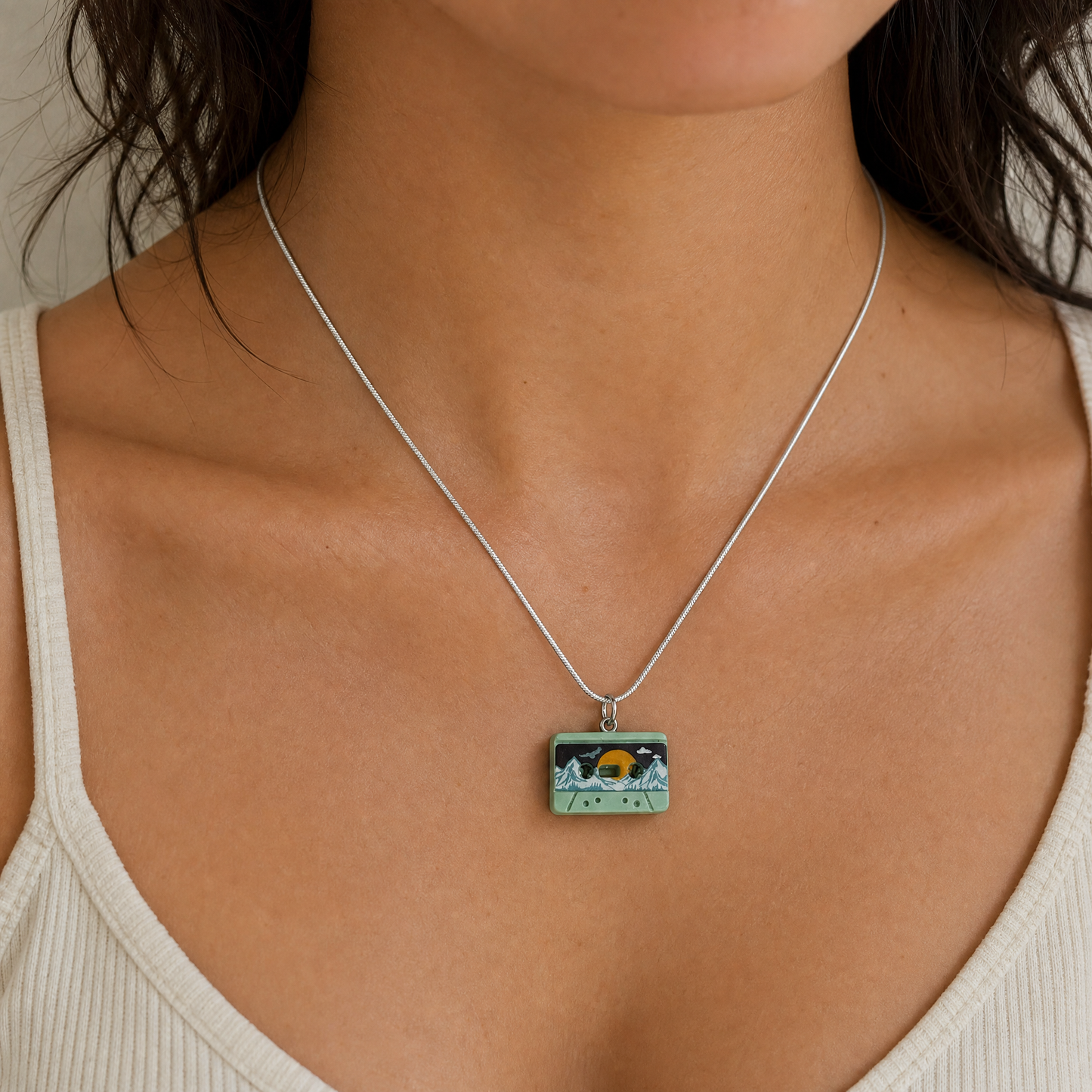 Mixtape Cassette Charm Necklace | '80s Resin Charm | 18" Silver Plated Copper Chain | 4 Colors