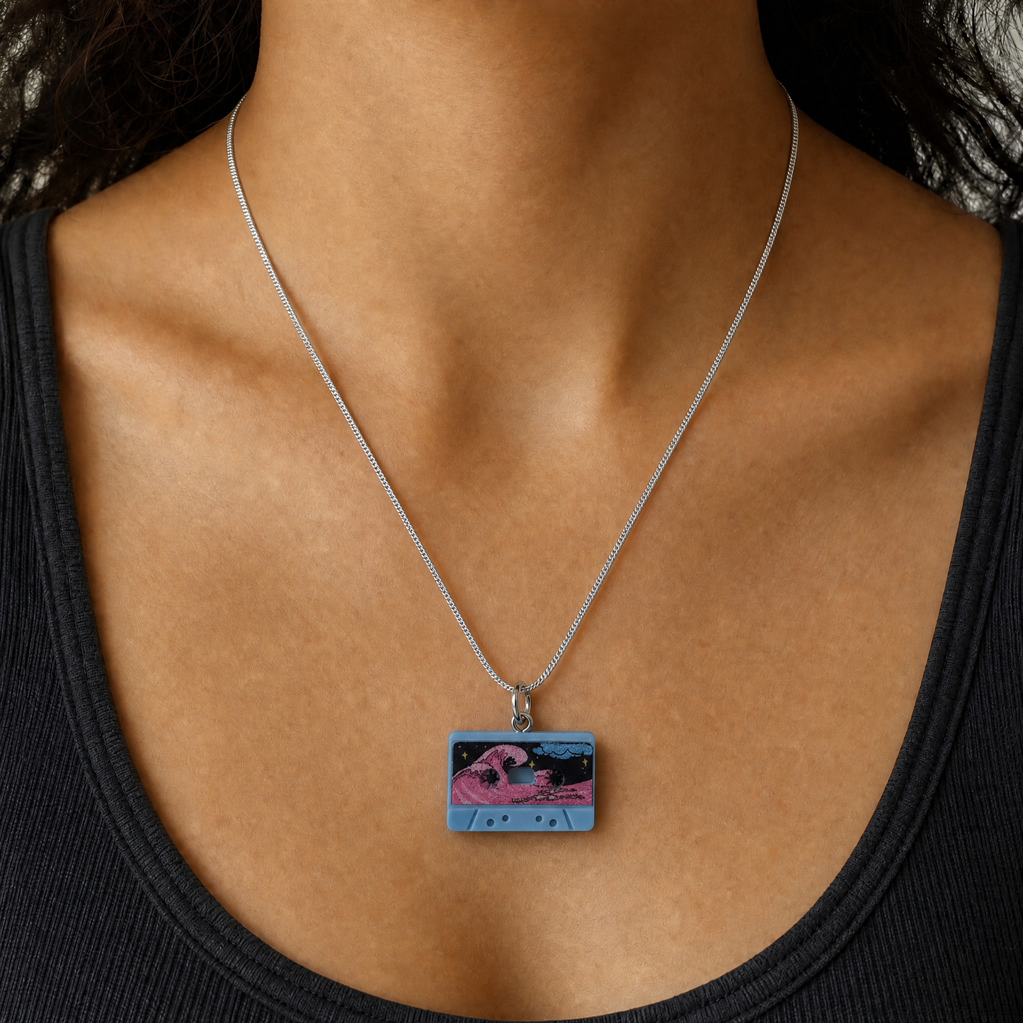 Mixtape Cassette Charm Necklace | '80s Resin Charm | 18" Silver Plated Copper Chain | 4 Colors