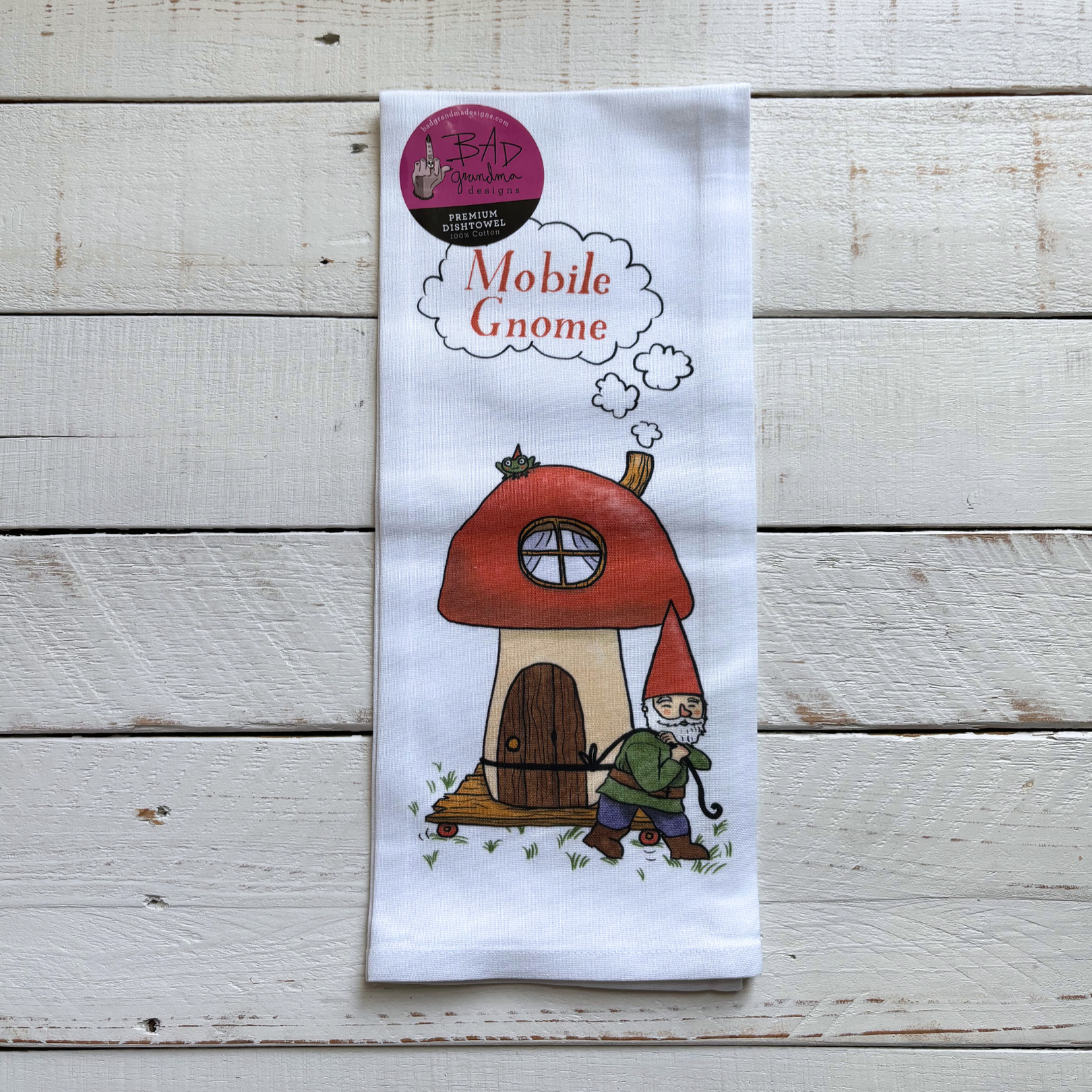 Mobile Gnome Dishtowel | Funny Pun Cotton Hand Tea Dishcloth