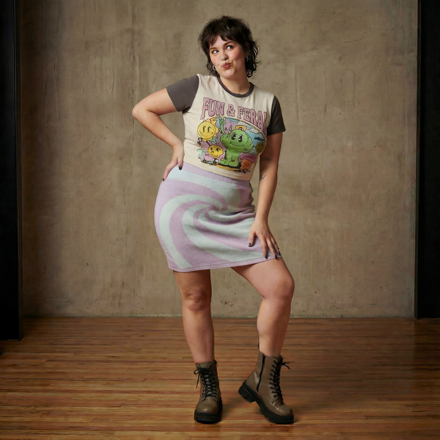 Mod Swirl Sweater Mini Skirt | Lilac & Pale Blue Knit Skirt with Intarsia Design (SM–XL)