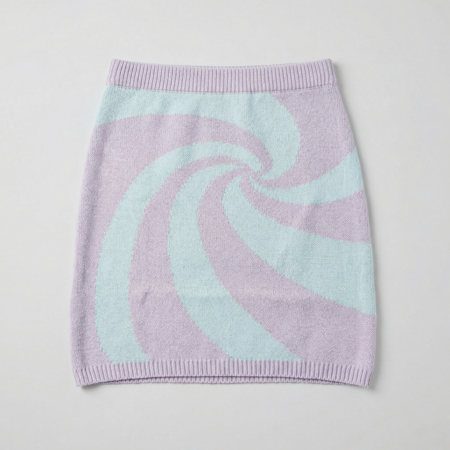 Mod Swirl Sweater Mini Skirt | Lilac & Pale Blue Knit Skirt with Intarsia Design (SM–XL)