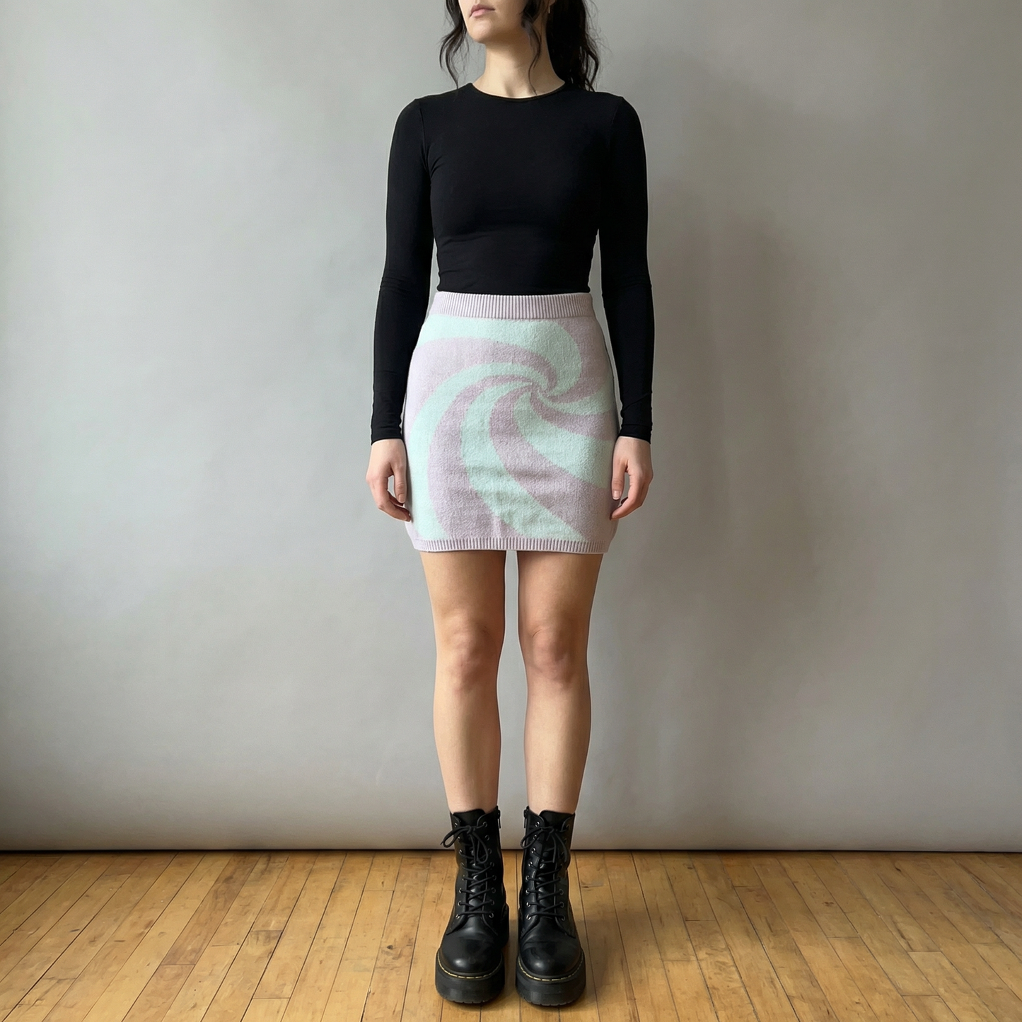 Mod Swirl Sweater Mini Skirt | Lilac & Pale Blue Knit Skirt with Intarsia Design (SM–XL)