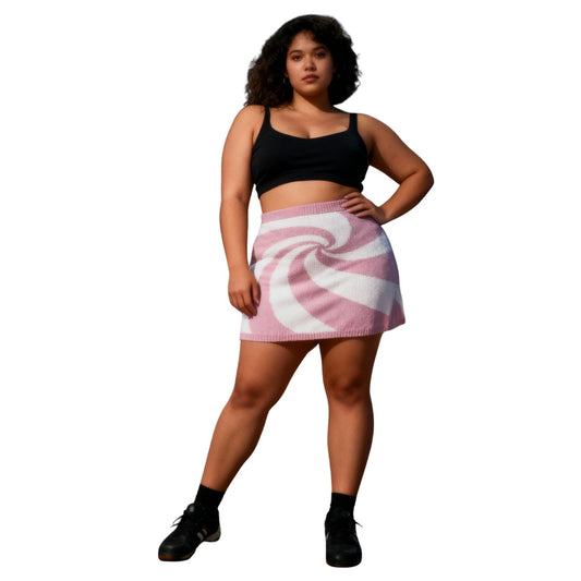 Mod Swirl Sweater Mini Skirt | Lilac & Pale Blue Knit Skirt with Intarsia Design (SM–XL)