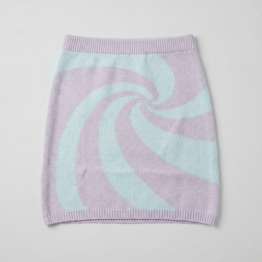 Mod Swirl Sweater Mini Skirt | Lilac & Pale Blue Knit Skirt with Intarsia Design (SM–XL)