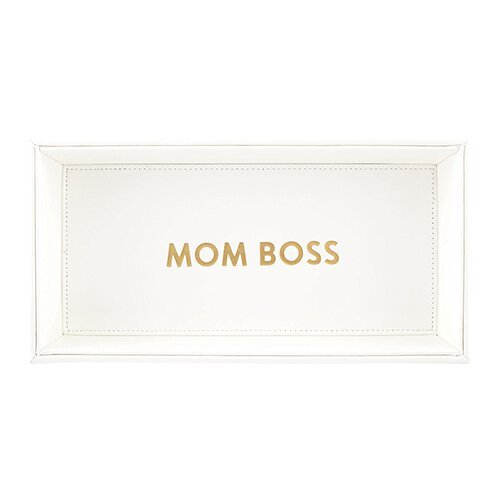Mom Boss 10" x 5" Valet Tray | Vegan Leather Trinket Tray for Dresser or Desk | Motivational Quote Gift