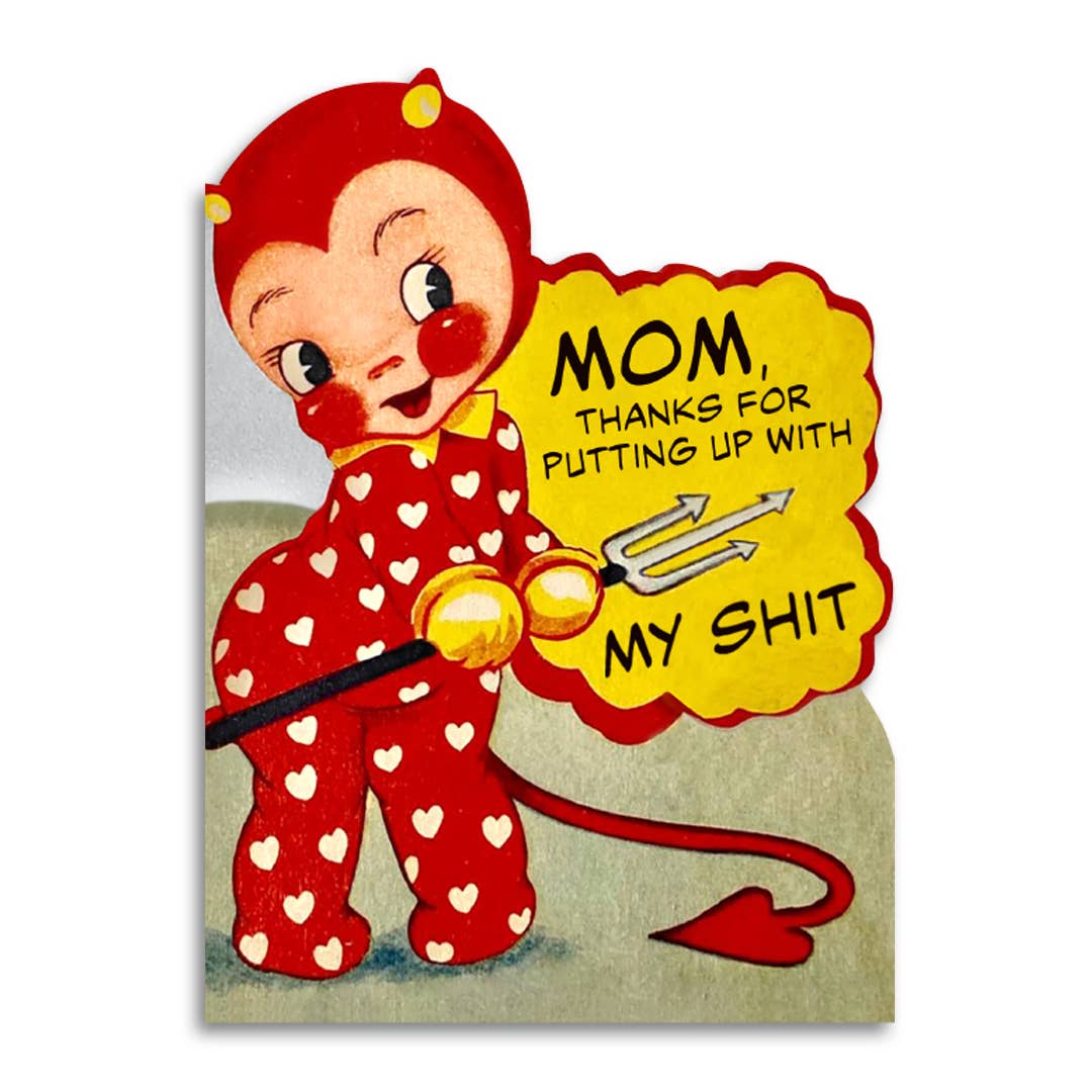 Vintage-style card with a cartoon character holding a belt, featuring message for mom