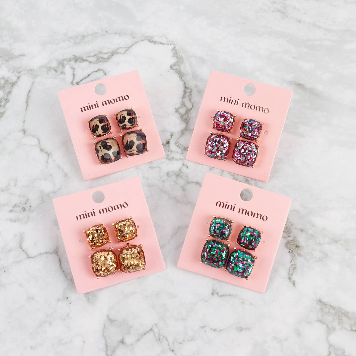 Glitter Square Cushion Cut Stud Earring Set in 2 Sizes - "Mom and Me" Gift Set