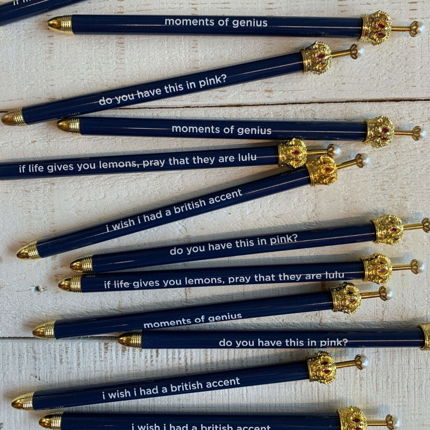 Moments of Genius Navy Blue Crown Pen Set of 12 | Giftable Quote Pens | Novelty Office Desk Supplies