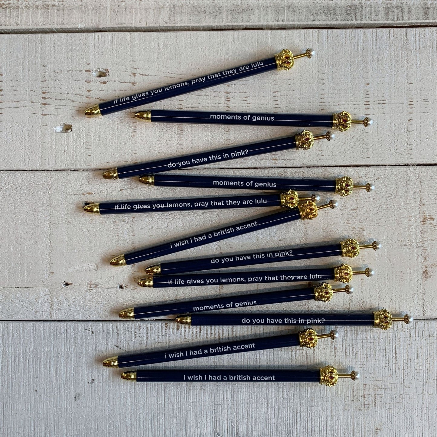 Moments of Genius Navy Blue Crown Pen Set of 12 | Giftable Quote Pens | Novelty Office Desk Supplies