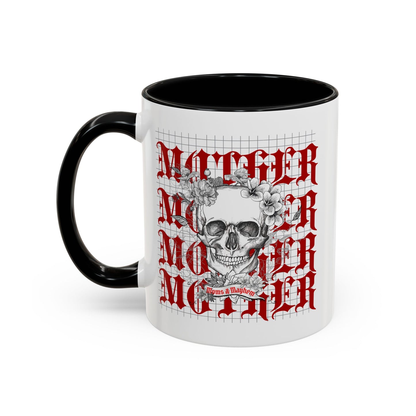 Moms and Mayhem Heavy Metal Skull Themed 11oz Black Mug | Mothers Day Coffee Lovers Gift