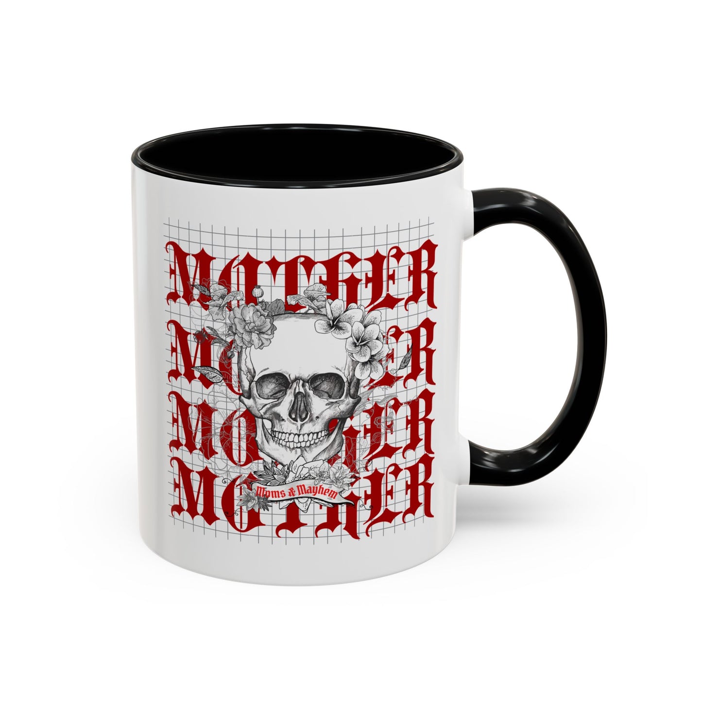 Moms and Mayhem Heavy Metal Skull Themed 11oz Black Mug | Mothers Day Coffee Lovers Gift