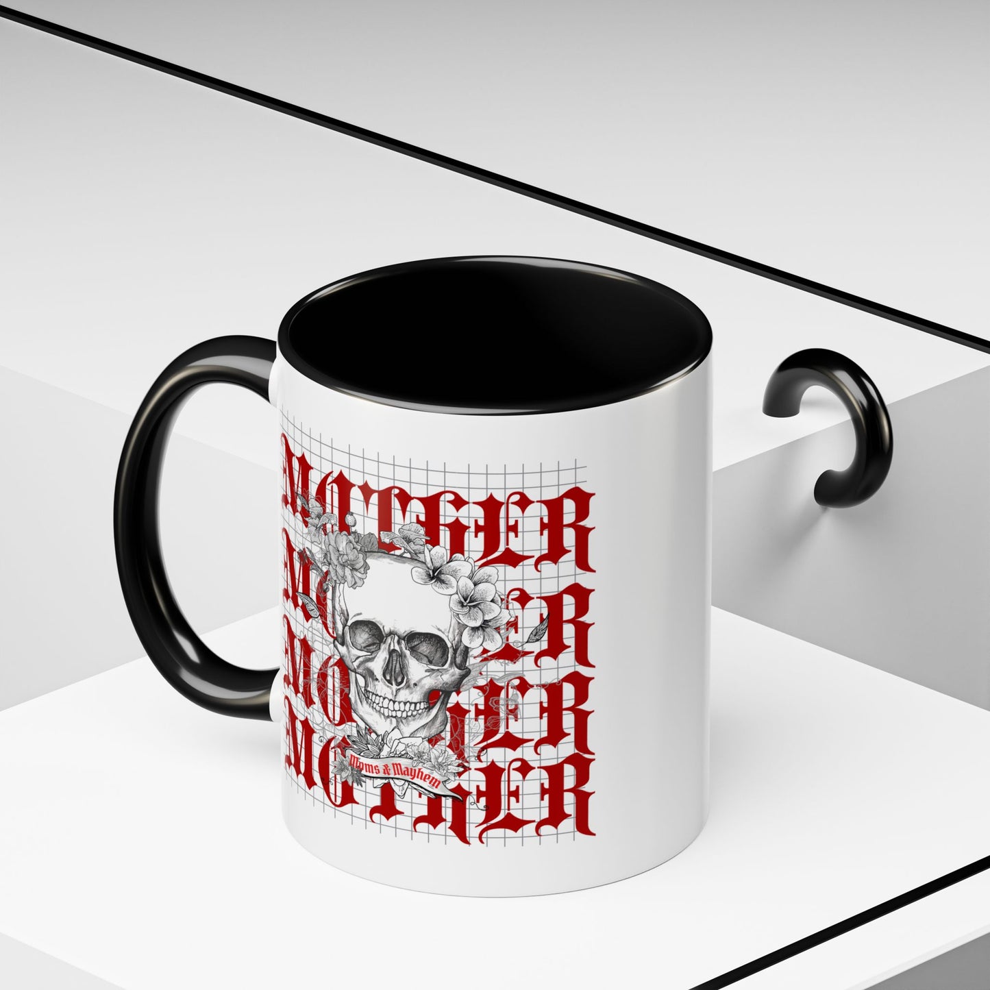 Moms and Mayhem Heavy Metal Skull Themed 11oz Black Mug | Mothers Day Coffee Lovers Gift