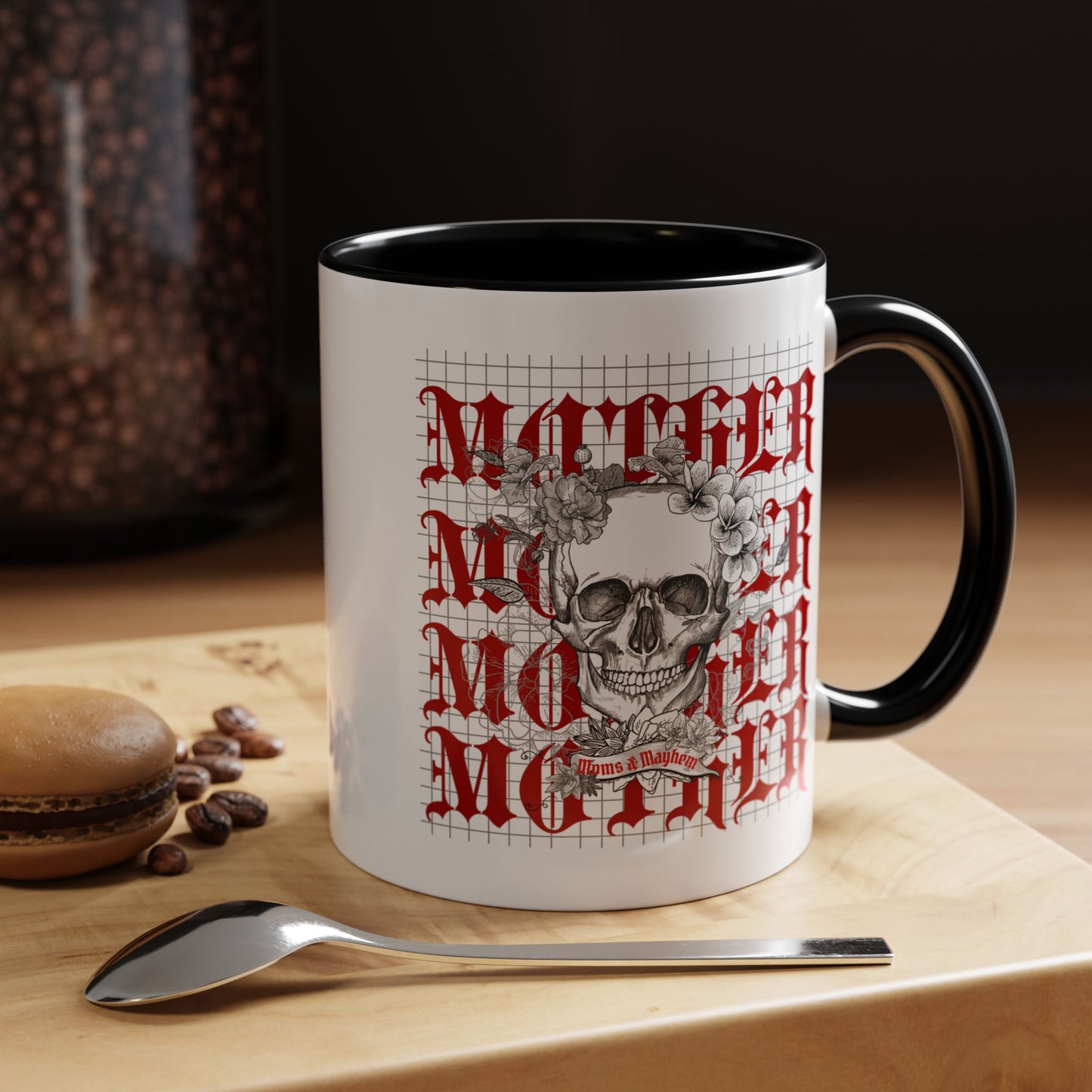 Moms and Mayhem Heavy Metal Skull Themed 11oz Black Mug | Mothers Day Coffee Lovers Gift