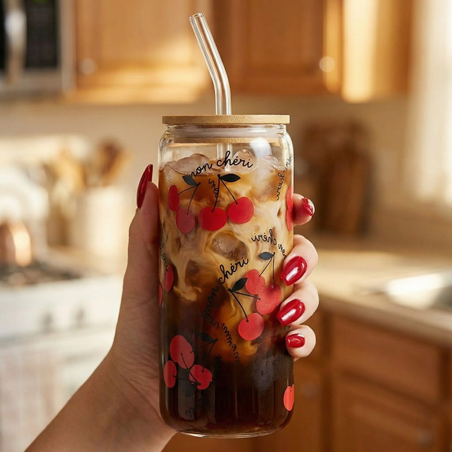 Mon Cheri Glass Tumbler with Bamboo Lid and Glass Straw | Travel Drinkware | 20oz