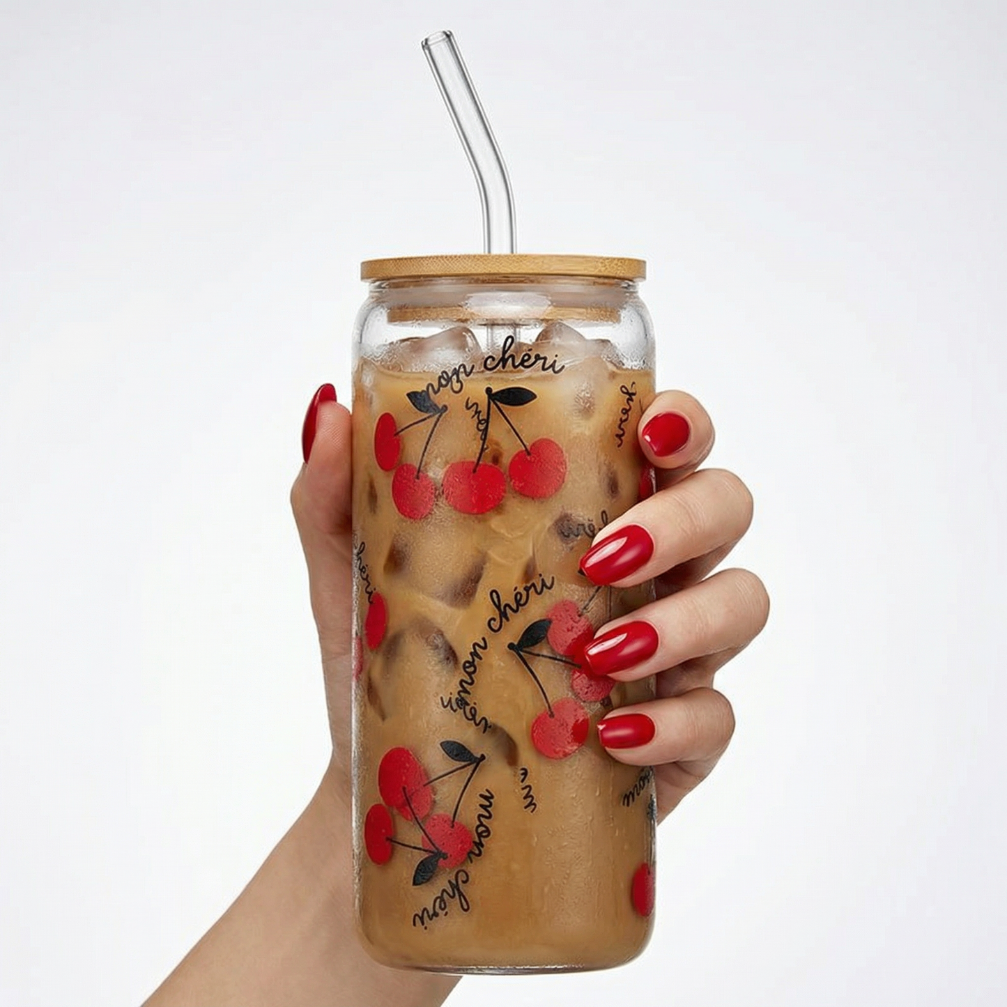 Mon Cheri Glass Tumbler with Bamboo Lid and Glass Straw | Travel Drinkware | 20oz