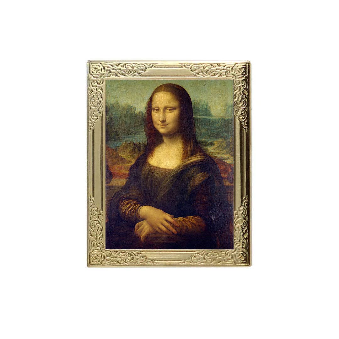 Lapel pin of a framed painting of a famous artwork Mona Lisa