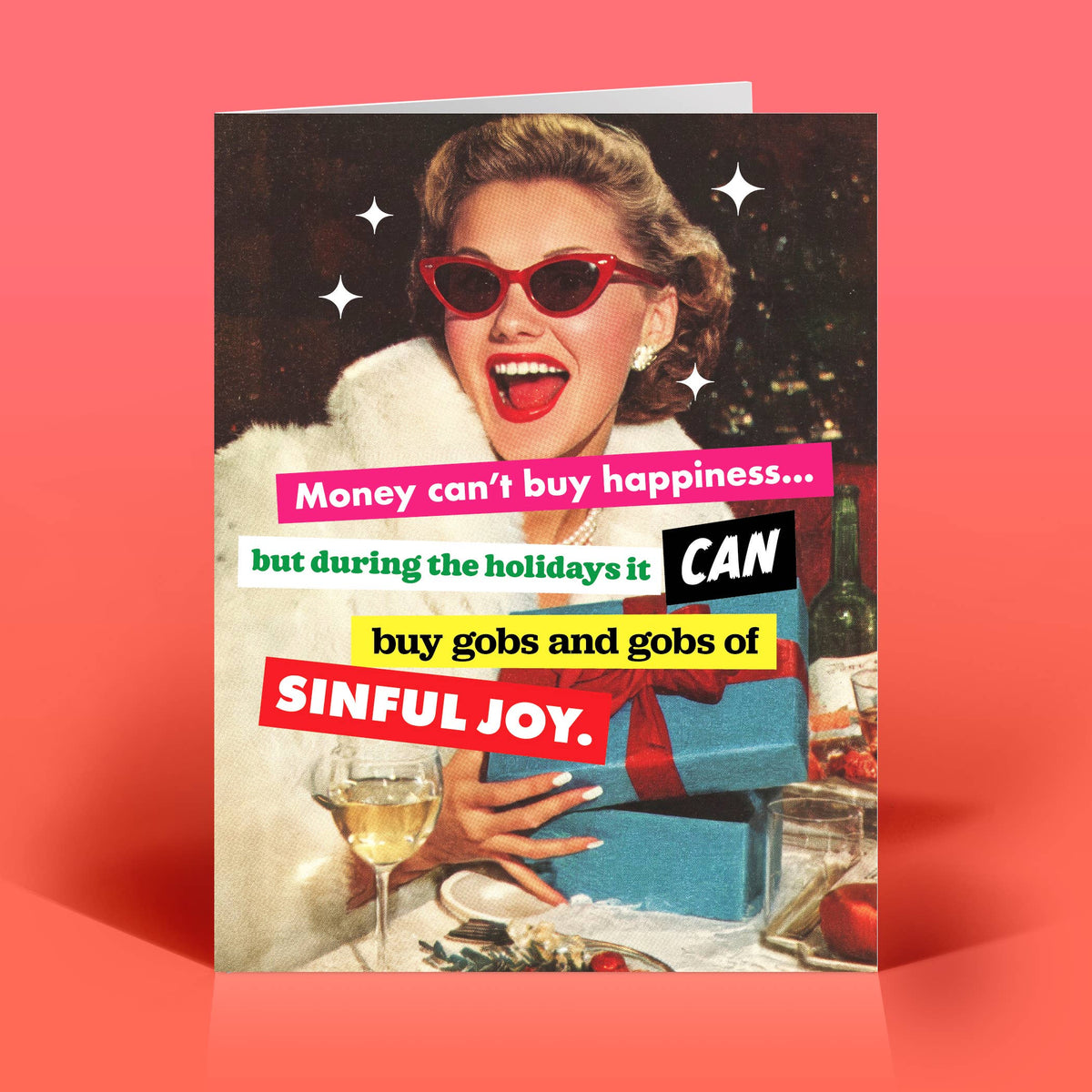 Money Can't Buy Happiness Sinful Joy Funny Holiday Card