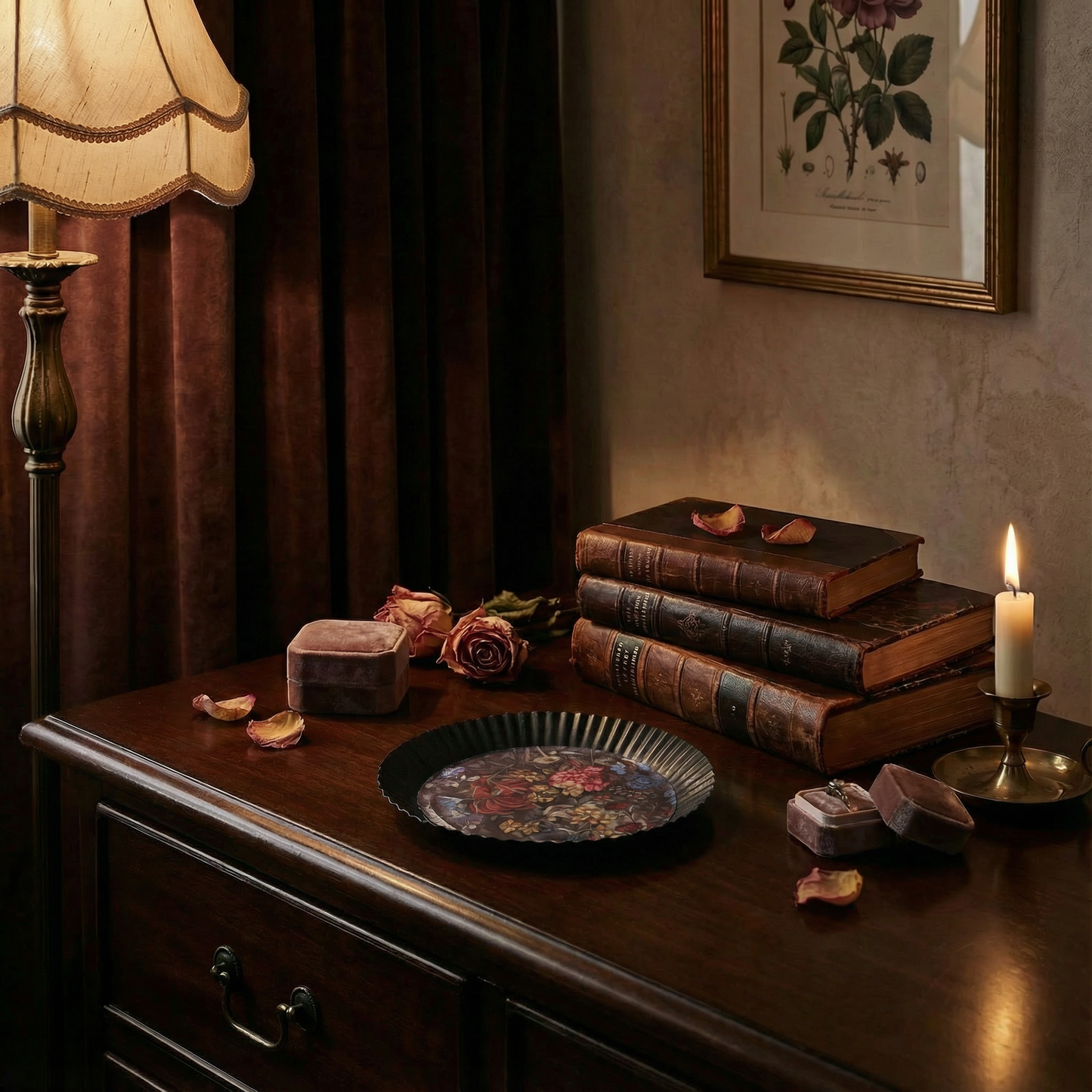 Moody Floral Metal Vanity Tray | Decorative Serving Trinket Tray  | 6" x 1"