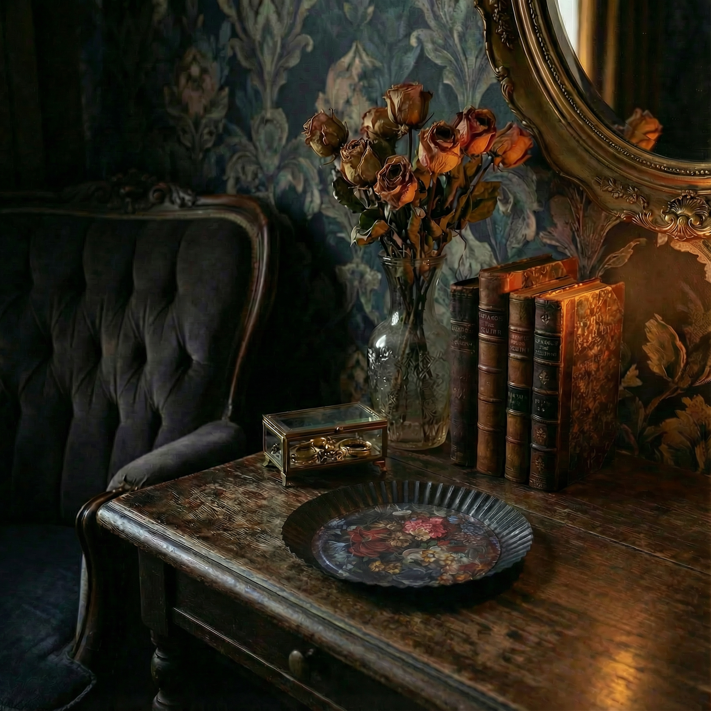 Moody Floral Metal Vanity Tray | Decorative Serving Trinket Tray  | 6" x 1"