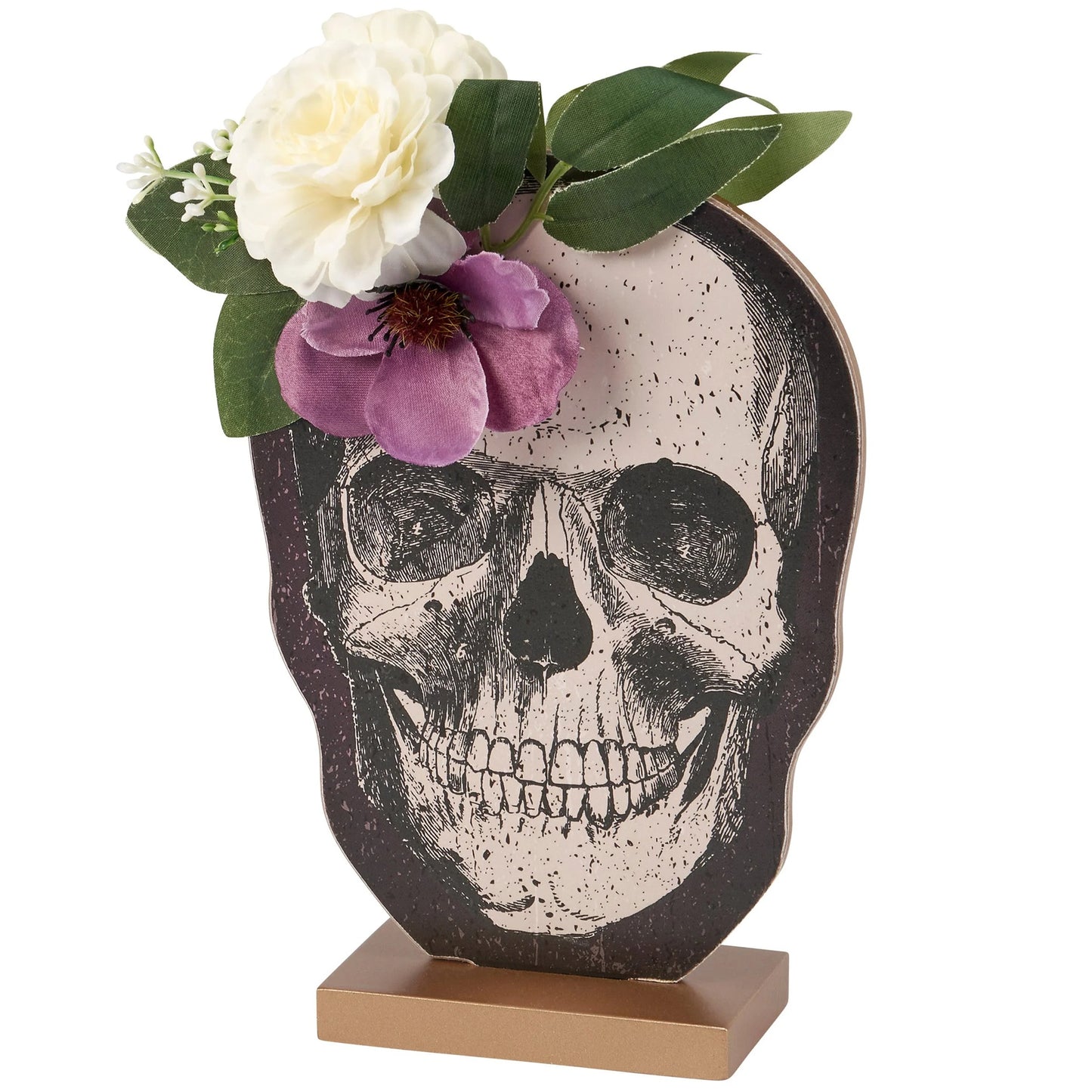Skull-shaped wood decor with flowers on a white background