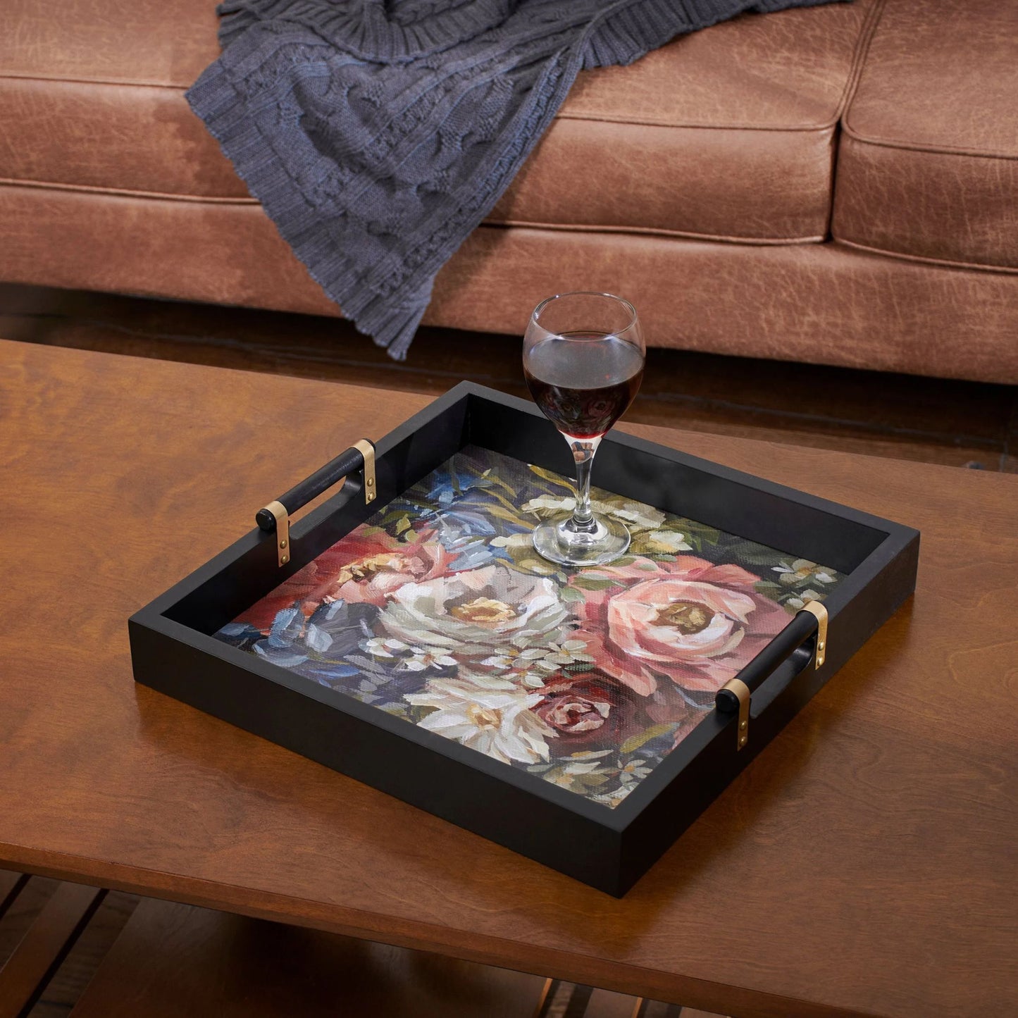 Moody Floral Wooden Tray | Dark Floral Serving Tray with Gold Handles
