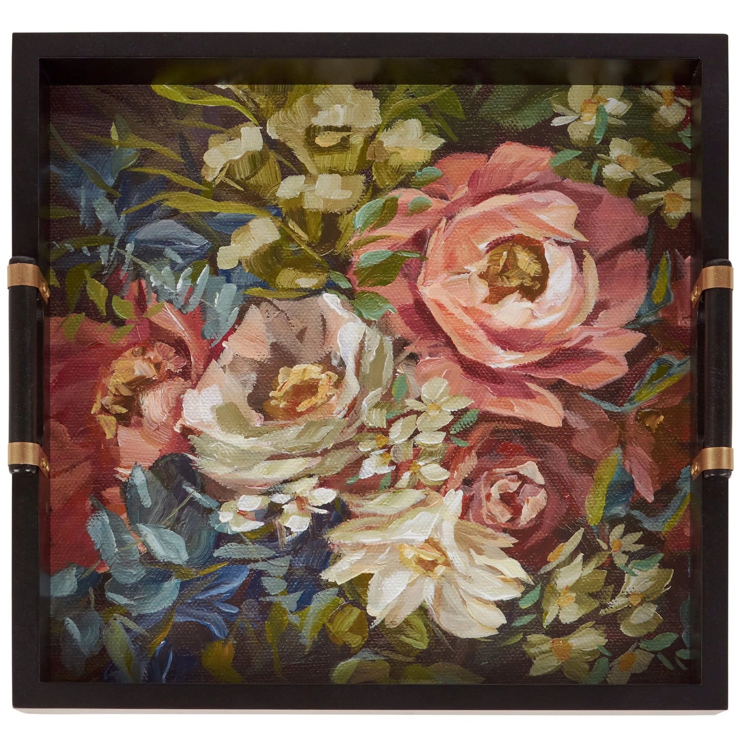 Moody Floral Wooden Tray | Dark Floral Serving Tray with Gold Handles