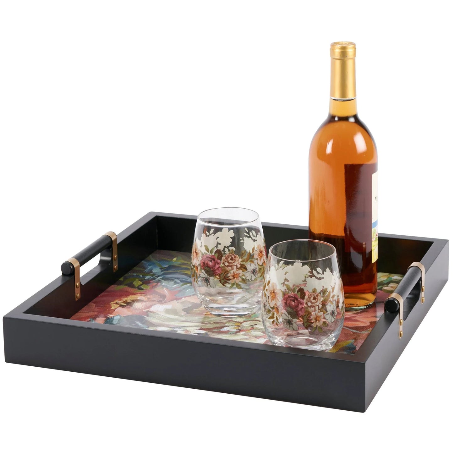 Moody Floral Wooden Tray | Dark Floral Serving Tray with Gold Handles
