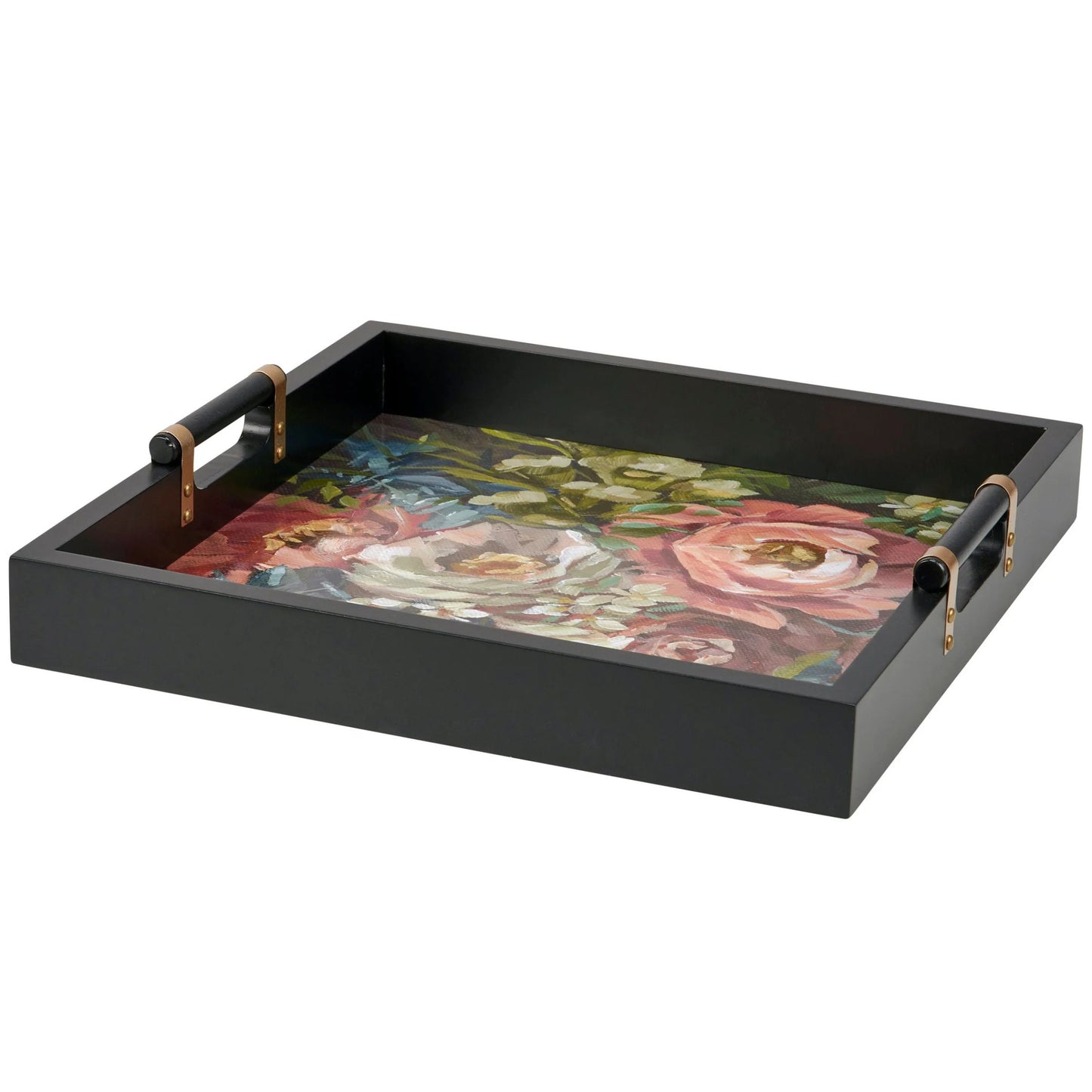 Moody Floral Wooden Tray | Dark Floral Serving Tray with Gold Handles