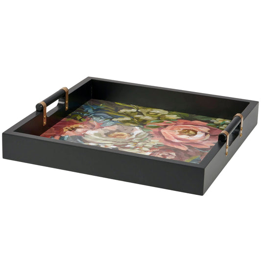 Moody Floral Wooden Tray | Dark Floral Serving Tray with Gold Handles