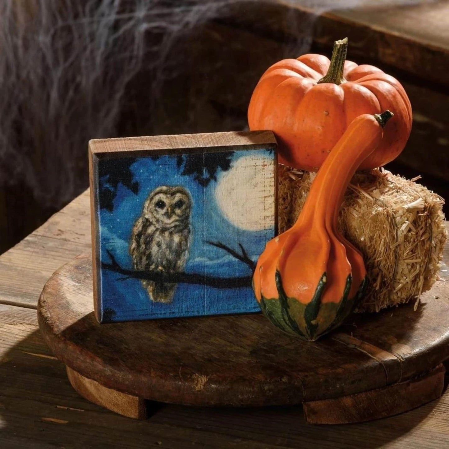 Moody Owl Wooden Block Sign | Dark Academia Celestial Rustic Wall Décor 4" x 4" x 1"