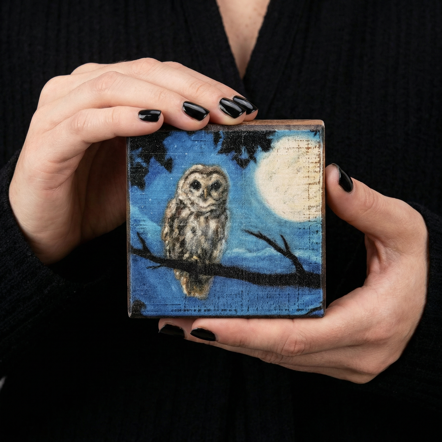 Moody Owl Wooden Block Sign | Dark Academia Celestial Rustic Wall Décor 4" x 4" x 1"