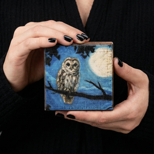 Moody Owl Wooden Block Sign | Dark Academia Celestial Rustic Wall Décor 4" x 4" x 1"
