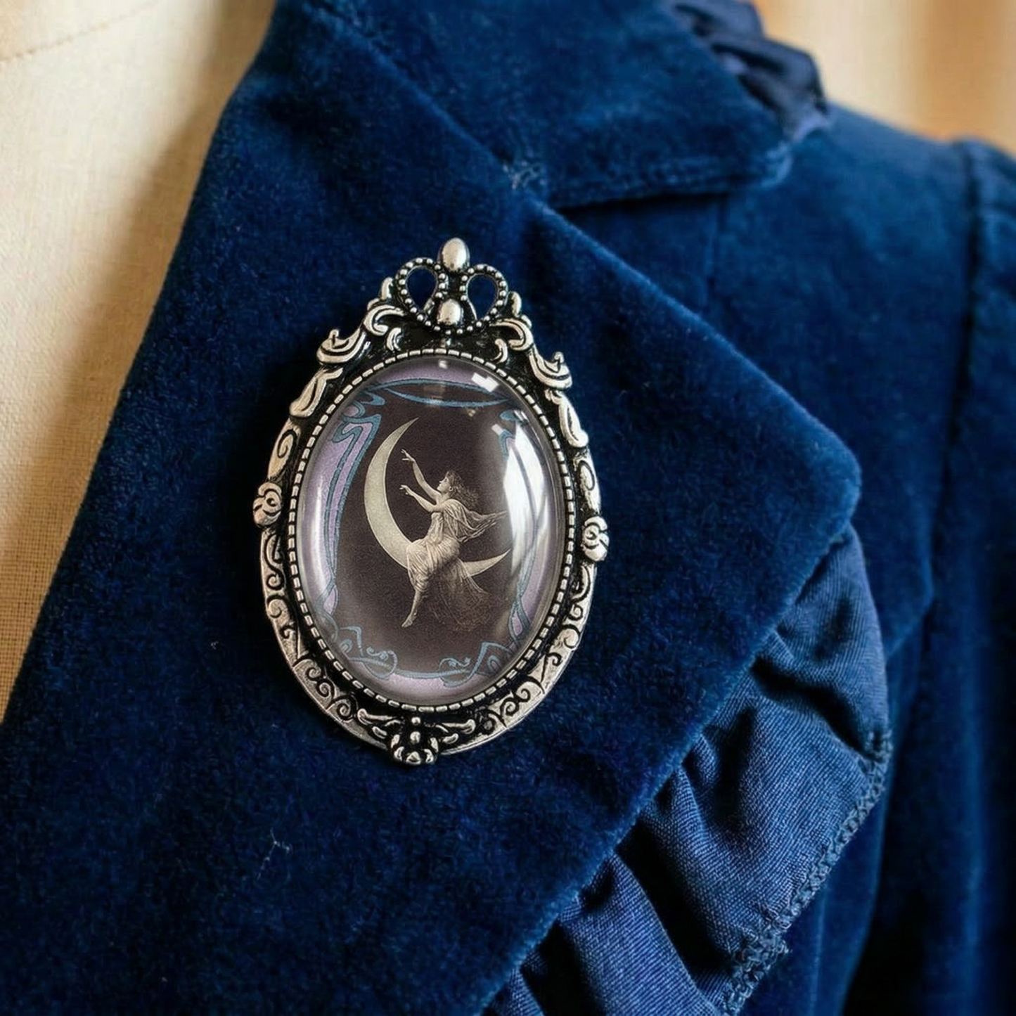 Moon Goddess Brooch Vintage Art Nouveau Crescent Moon | Celestial Glass Cabochon Pin