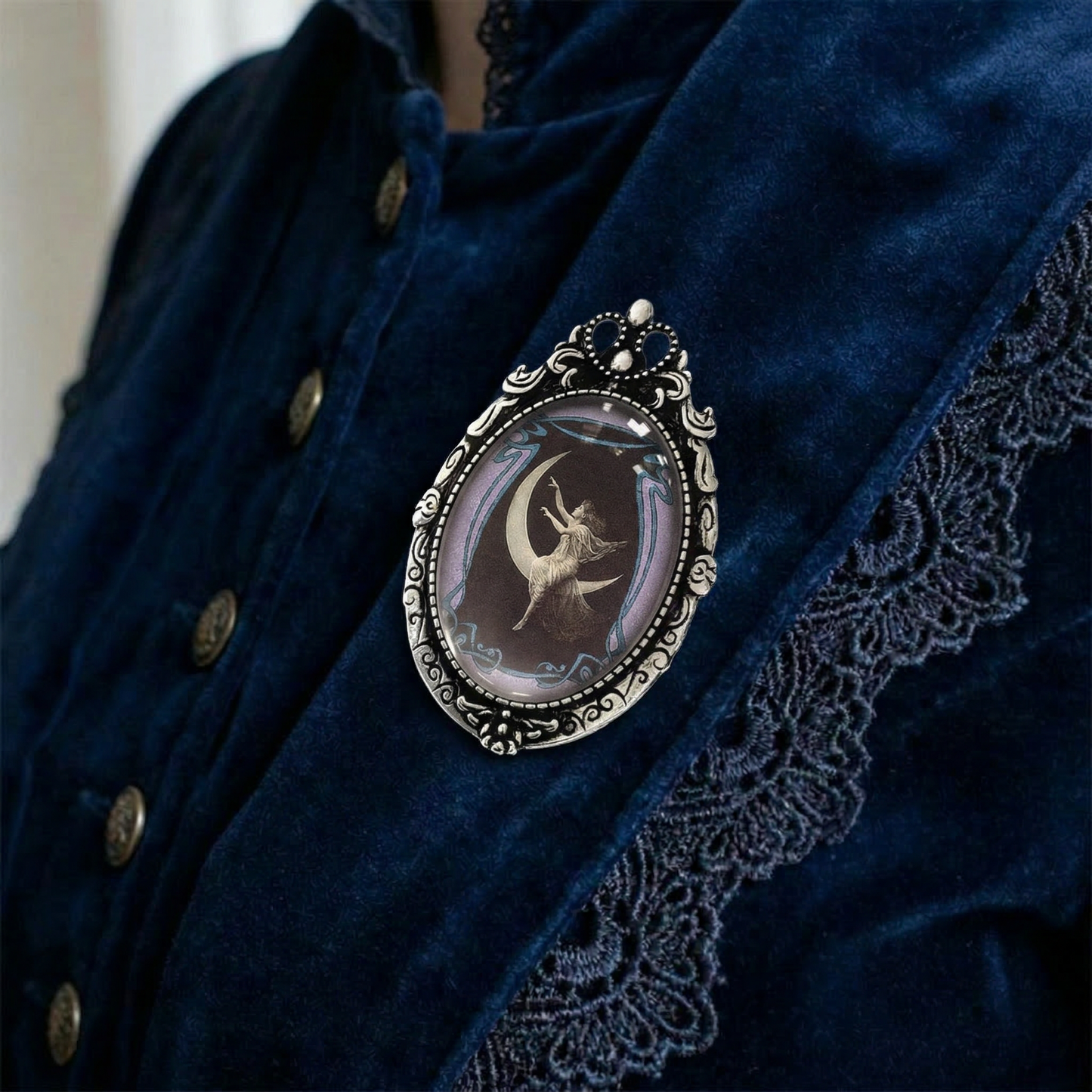 Moon Goddess Brooch Vintage Art Nouveau Crescent Moon | Celestial Glass Cabochon Pin