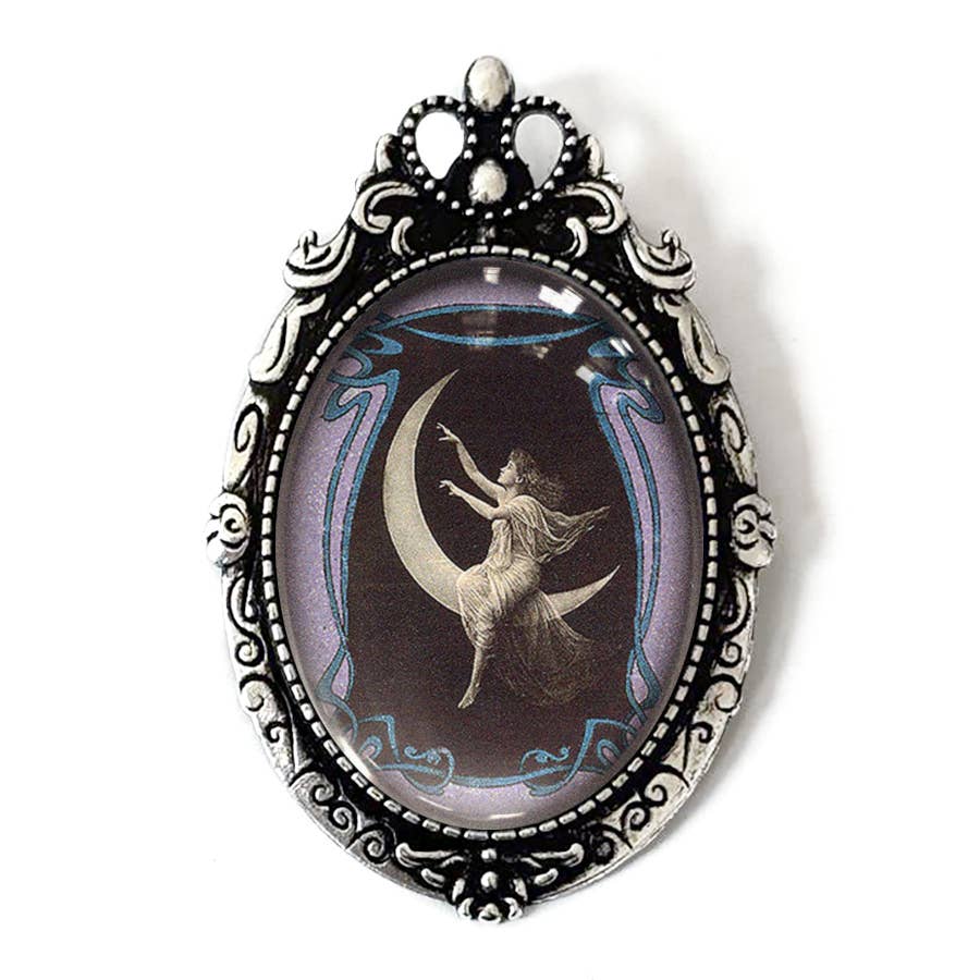 Moon Goddess Brooch Vintage Art Nouveau Crescent Moon | Celestial Glass Cabochon Pin