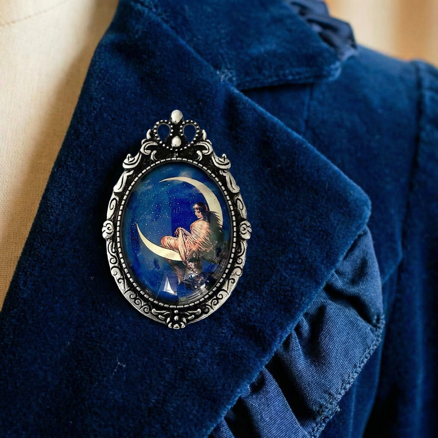 Moon Goddess Crescent Moon Brooch | Victorian Celestial Art Glass Cabochon Pin, Vintage Style Jewelry