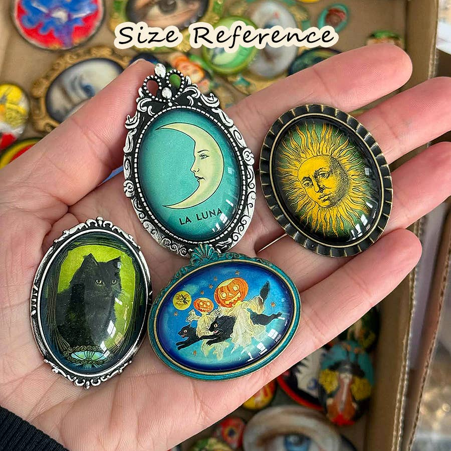 Moon Goddess Crescent Moon Brooch | Victorian Celestial Art Glass Cabochon Pin, Vintage Style Jewelry