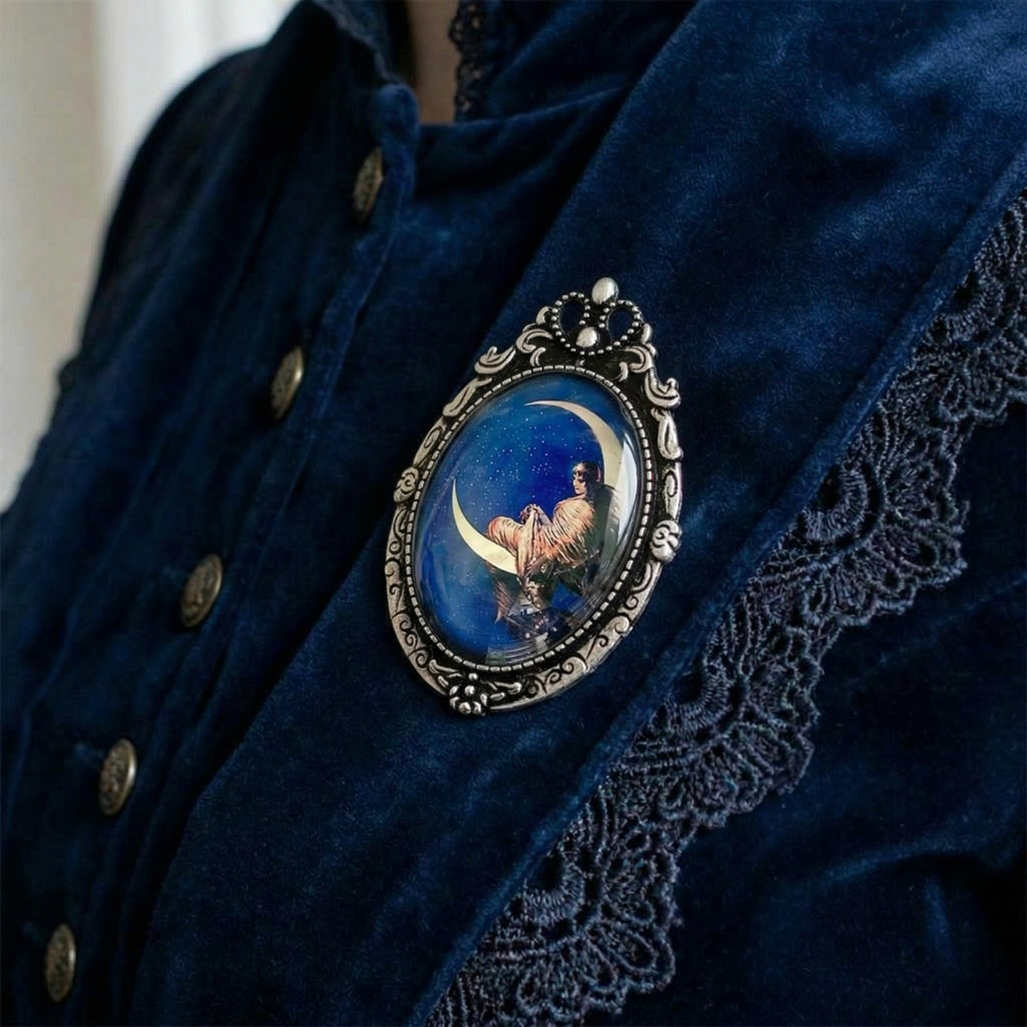 Moon Goddess Crescent Moon Brooch | Victorian Celestial Art Glass Cabochon Pin, Vintage Style Jewelry