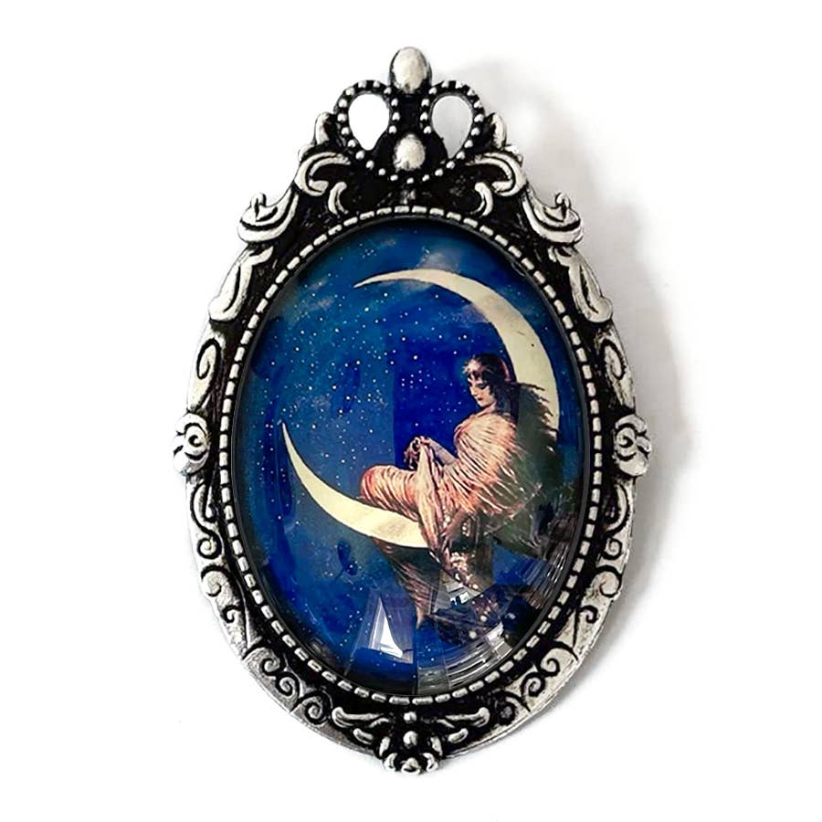 Moon Goddess Crescent Moon Brooch | Victorian Celestial Art Glass Cabochon Pin, Vintage Style Jewelry