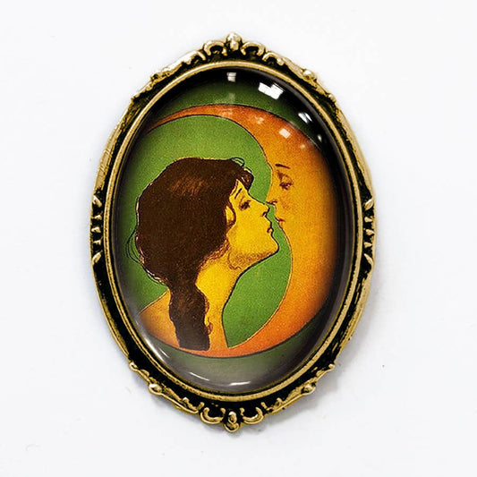 Moon Kiss Brooch Vintage Art Nouveau Crescent Moon | Celestial Victorian Style Glass Cabochon Pin