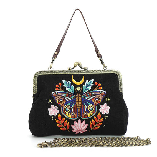 Moon Moth Vintage Kisslock Bag in Black | Embroidered Mystic Handbag with Detachable Straps