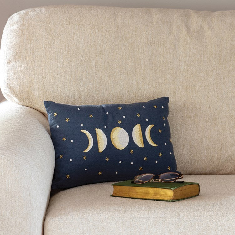 Moon Phases Pillow | Navy Blue Cotton | 15" x 10"