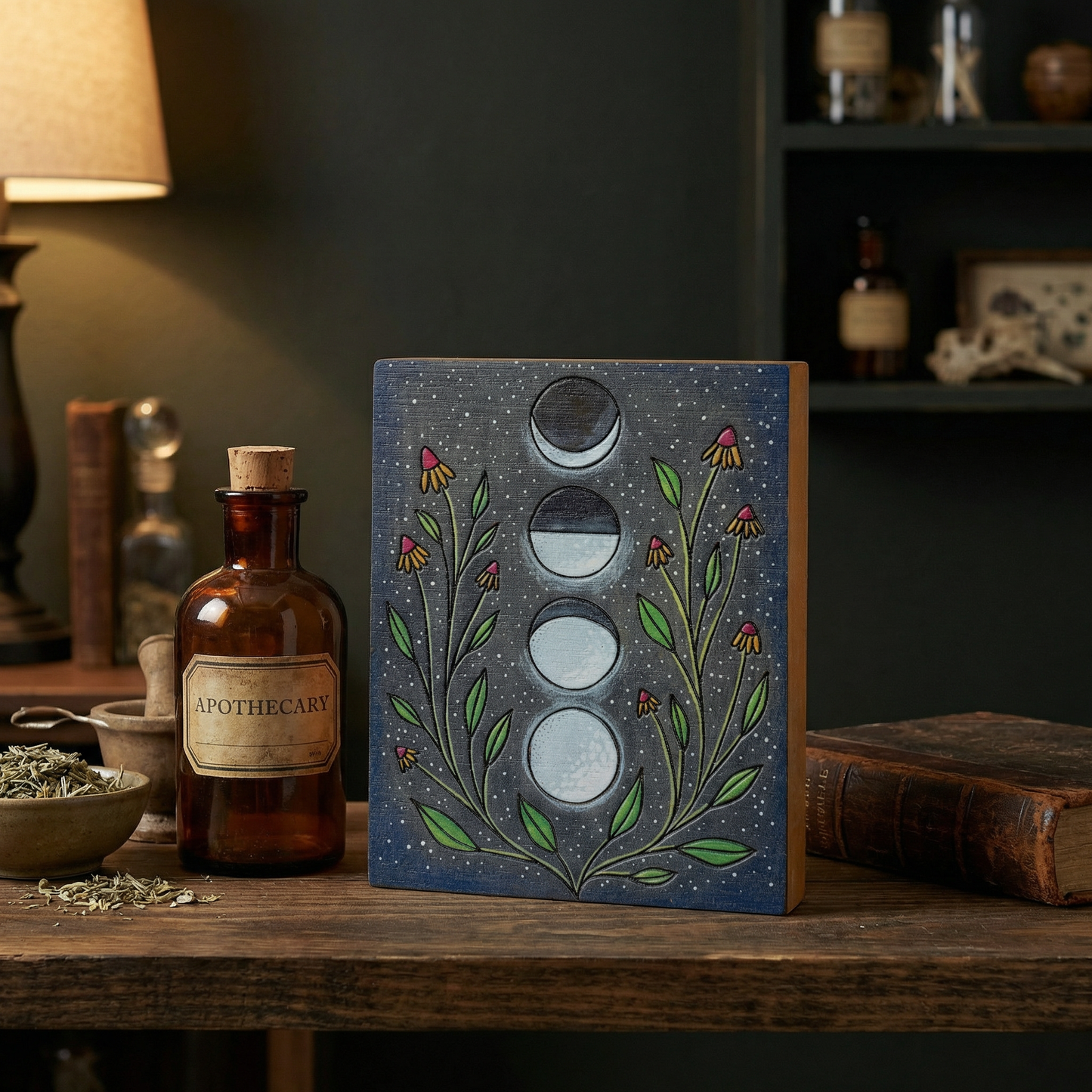 Moon Phases Wooden Block Sign | Celestial Botanical Wall Decor | 4.75" x 6"