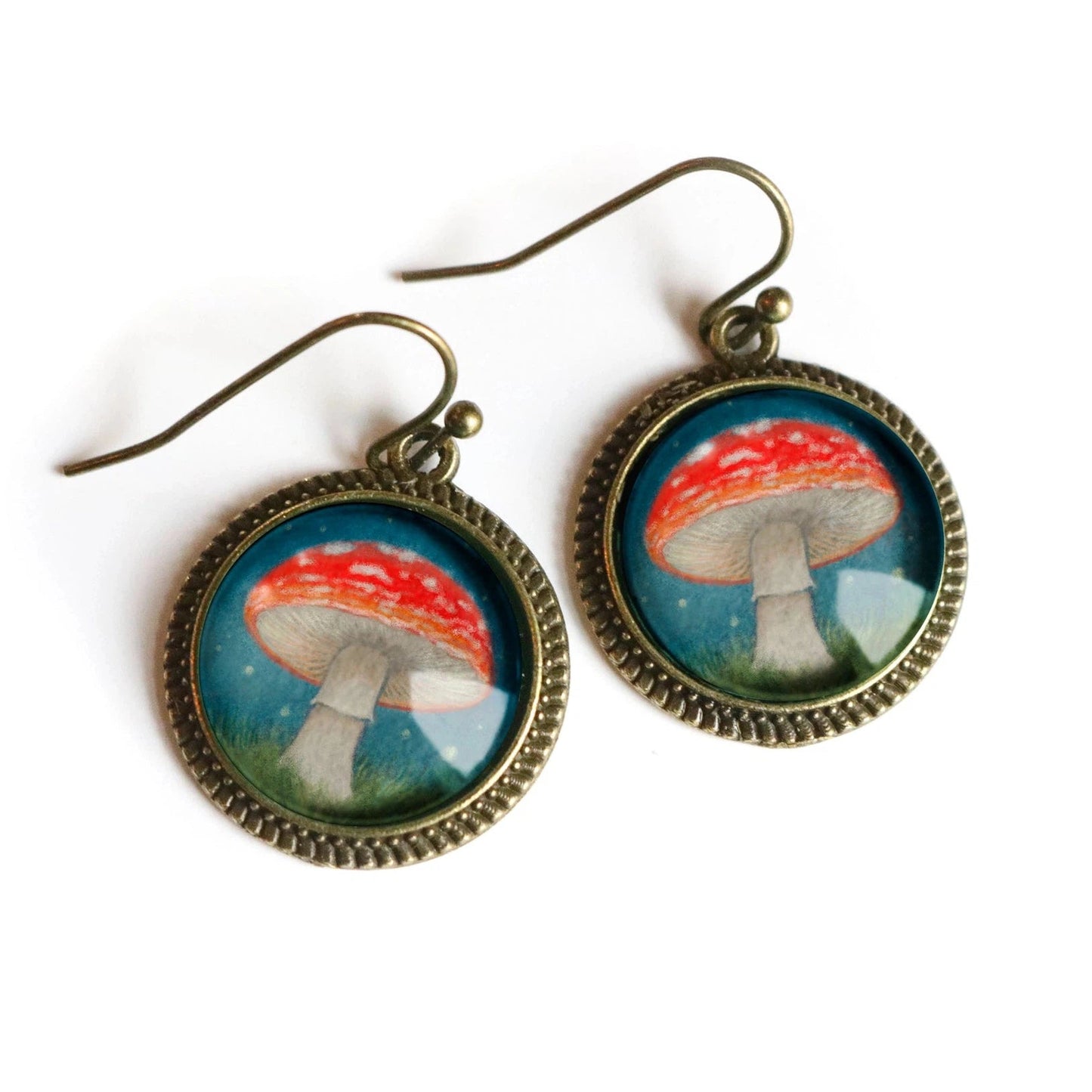 Moonlit Mushrooms Cottagecore Glass Cabochon Earrings | Handmade in the US