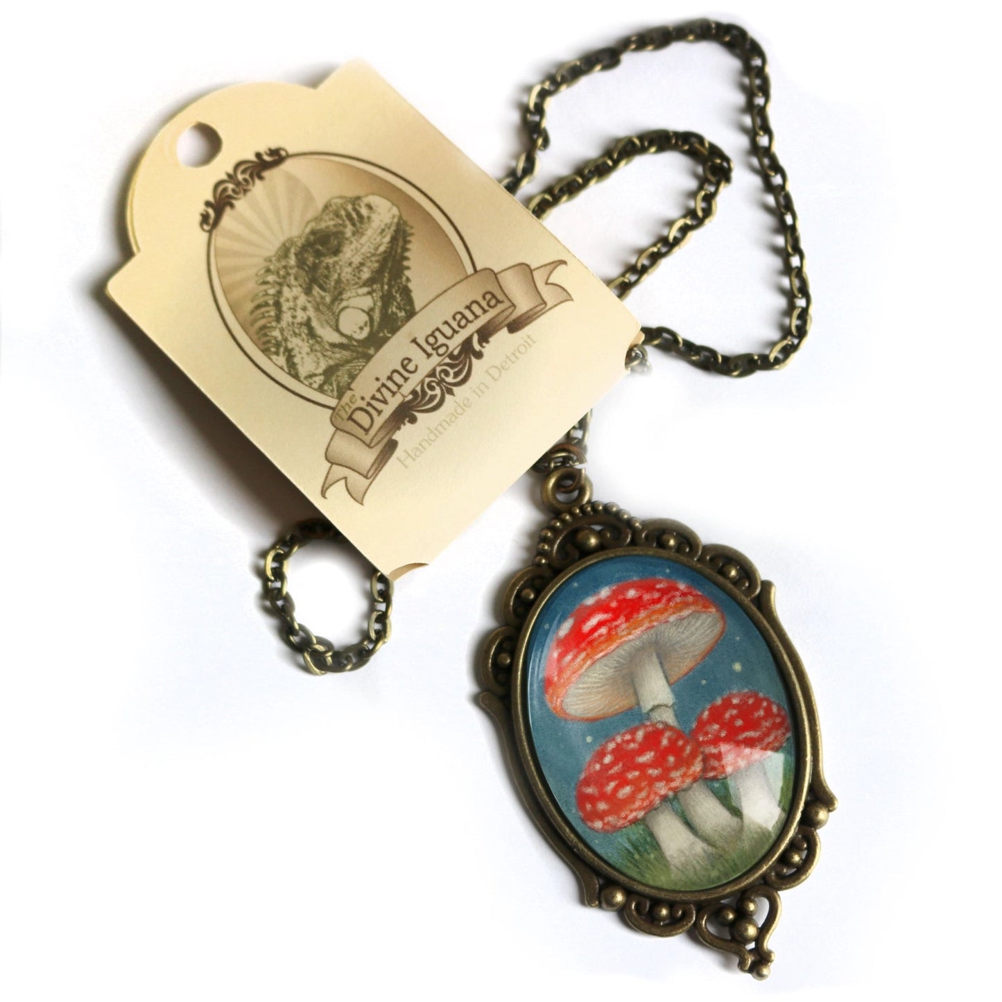 Moonlit Mushrooms Ornate Oval Cottage Core Pendant Necklace | Handmade in the US