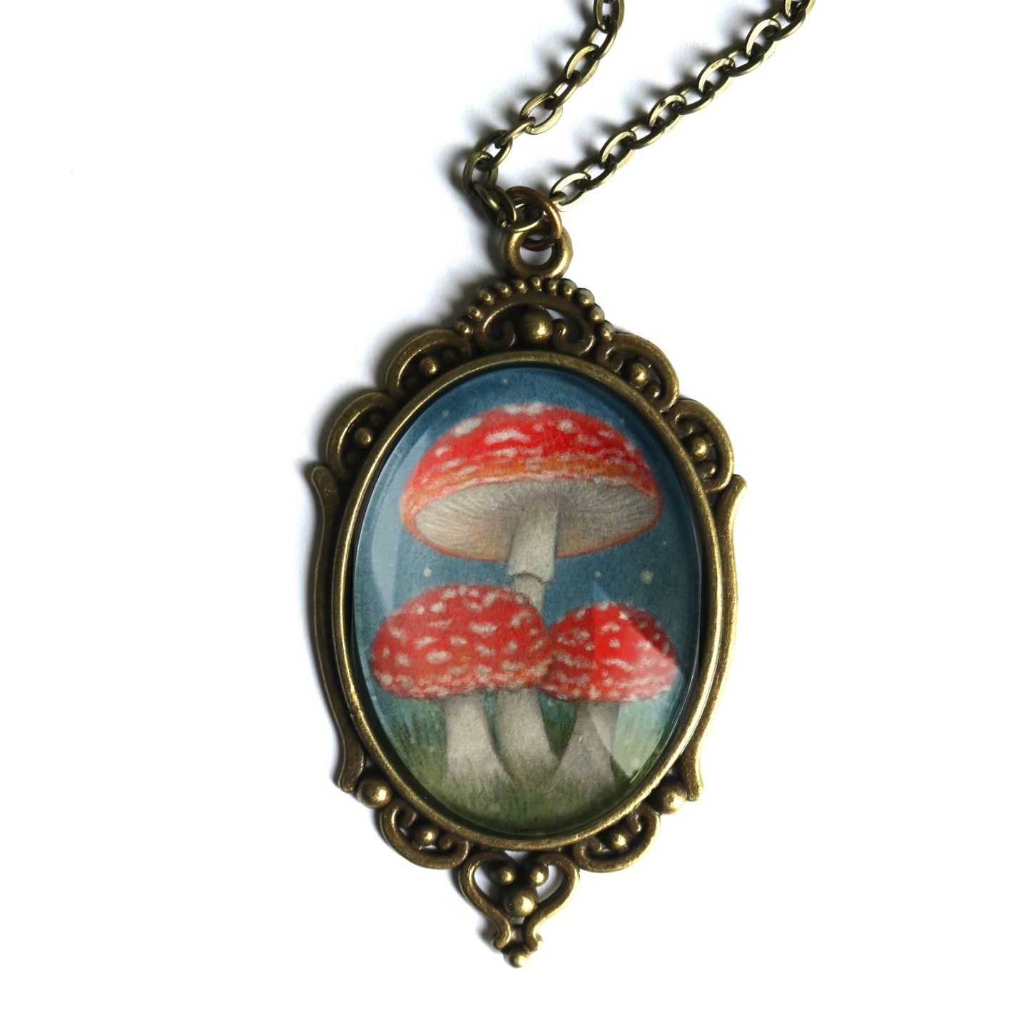 Moonlit Mushrooms Ornate Oval Cottage Core Pendant Necklace | Handmade in the US