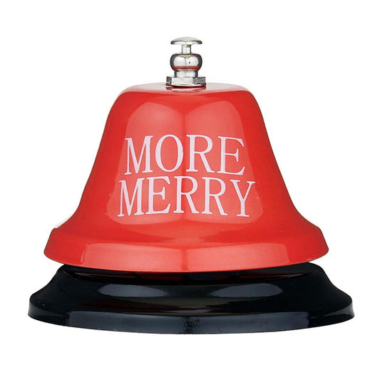 Red bell-shaped object with 'MORE MERRY' text on a white background