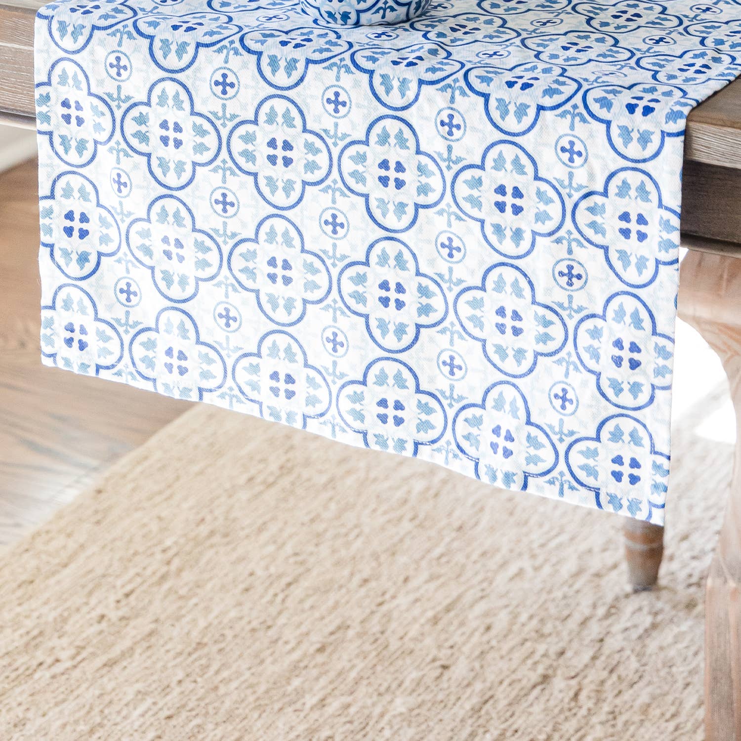 Moroccan Table Runner in Blue White Colors 108” L x 18” W | Geometric Tile Pattern Cotton Mat